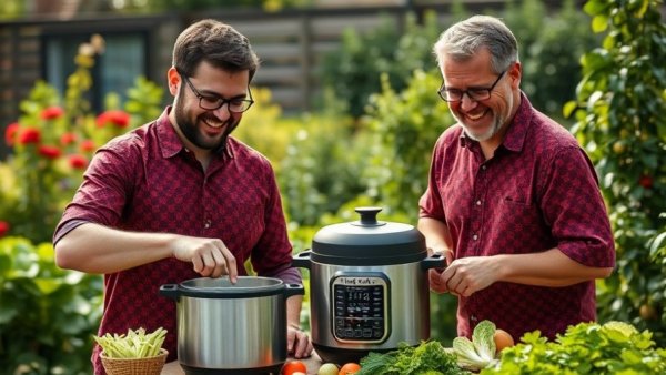Two men cooking together with an Instant Pot in a garden setting.