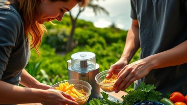 Preparing Kamaboko Dip in a scenic outdoor kitchen.