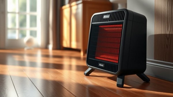 Kismile radiant space heater in a cozy indoor setting on wooden floor.