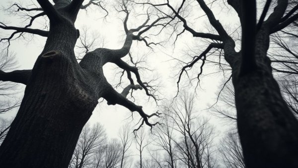 Splitting tree trunk in cold winter forest scenery.