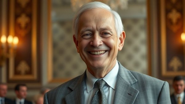 Smiling elderly man in a suit at a formal event.
