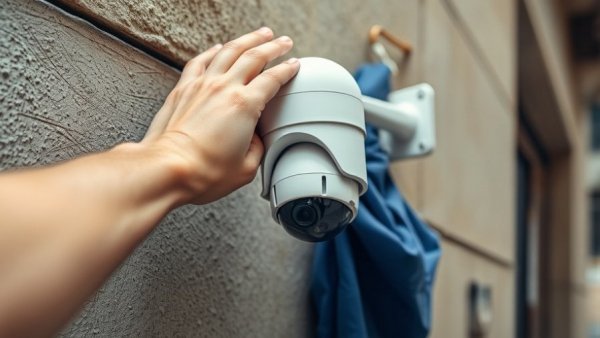 Close-up of cleaning security camera to prevent alarms.