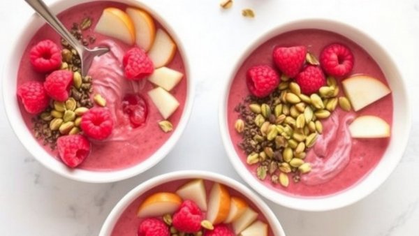 Raspberry Smoothie Bowls With Pears and Pistachios