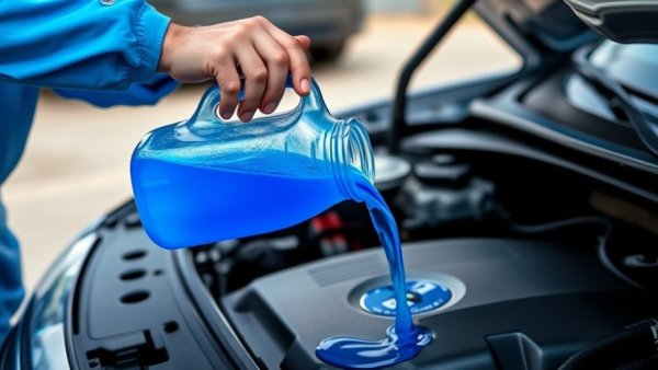 Pouring antifreeze into car engine for winter survival tips, enhancing home improvement safety.