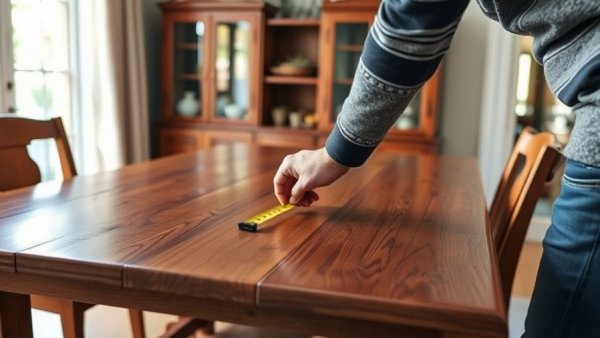 Person measuring dining table for replacement leaf in dining room.