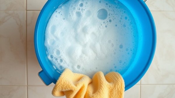 Blue bucket with soapy water on tile floor, ready for cleaning.