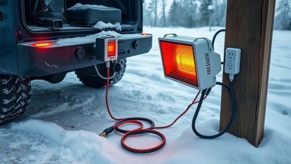 Extension cord block heater vehicle in snow-covered winter setting.
