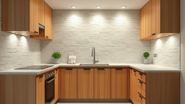 Neutral stone backsplash in a modern kitchen with wooden cabinets, showcasing best tile options for home improvement.