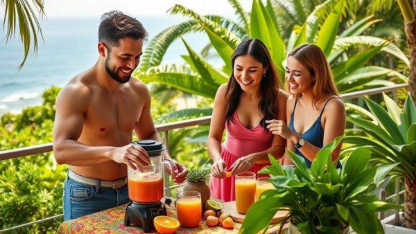 Afterschool Smoothie preparation with three people outdoors, enjoying nature.