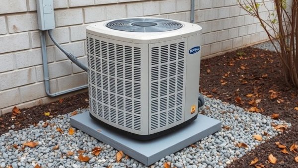 Modern AC unit on concrete slab in a tidy spring backyard.