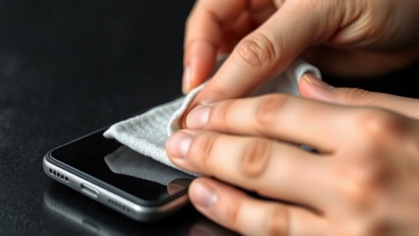 Hands cleaning a smartphone screen with a microfiber cloth
