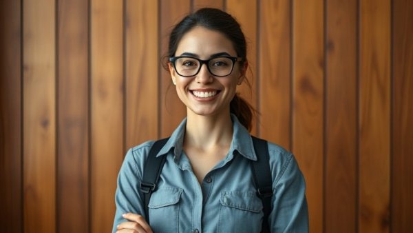 Confident woman in DIY attire, smiling brightly