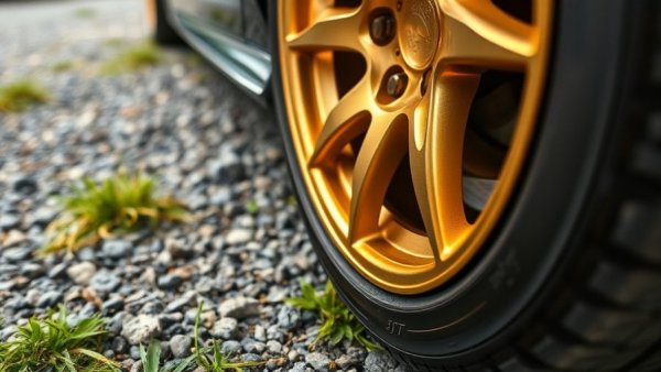 Close-up of a gold alloy car wheel highlighting aftermarket car accessories risks.
