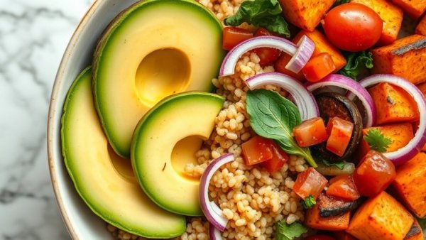 Foods That Make You Feel Full: colorful healthy bowl with avocado and grains.
