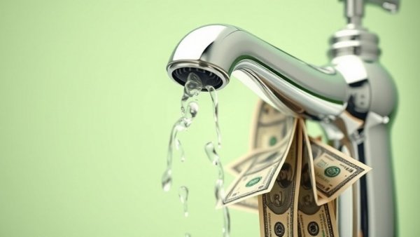 Surreal faucet pouring money, symbolizing average water bill by state.