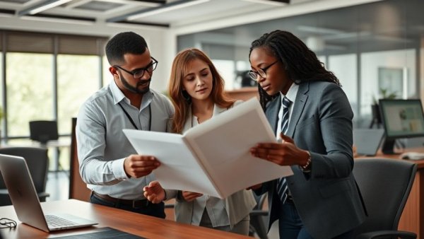Professionals discussing buy rate markup in a modern office.