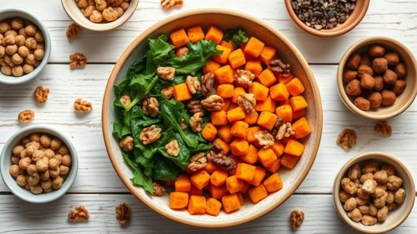 Colorful sweet potato and roasted chickpea bowl on wooden table.
