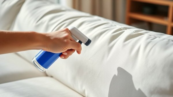Close-up hand cleaning a white sofa with spray bottle.