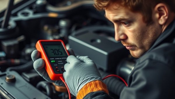 Mechanic testing car battery with multimeter in engine bay.