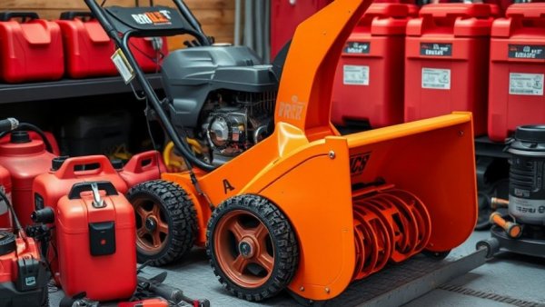 Snowblower storage tips with fuel containers in a garage.