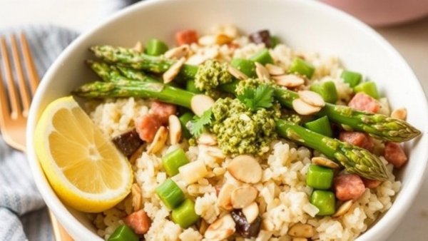 Asparagus Rice Bowl with Almond Pesto