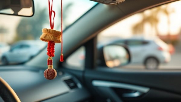 Tsurikawa car accessory meaning: hanging from the car window, vivid focus.