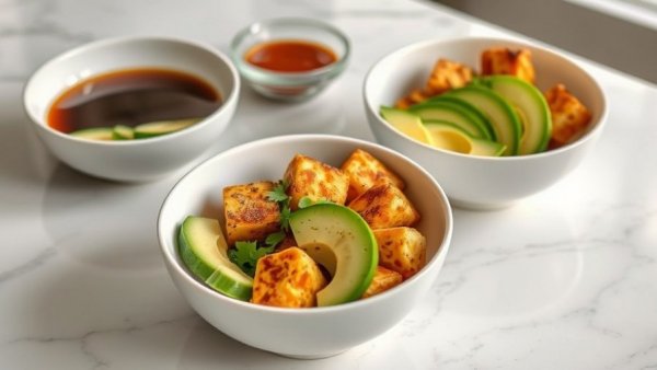 Air-fried tofu bowls with avocado and cucumber on marble countertop.