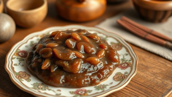 Vintage azuki bean paste display on decorative plate.