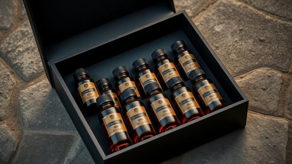 Aromatic oils neatly arranged in an open box, perfect for DIY carpet deodorizer.