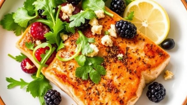 Air Fryer Salmon With Arugula-Berry Salad