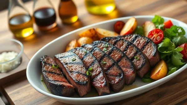 Grilled steak and potato salad in a white bowl with fresh greens.