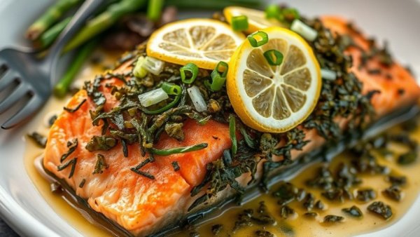 Baked salmon with seaweed, garnished with lemon and green onion.