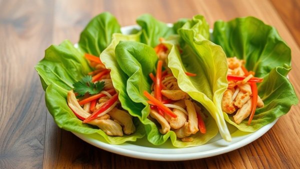 Delicious Asian chicken lettuce wraps with colorful vegetables.