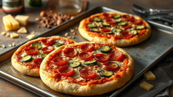 Turkey pepperoni zucchini pizzas on baking tray with toppings.