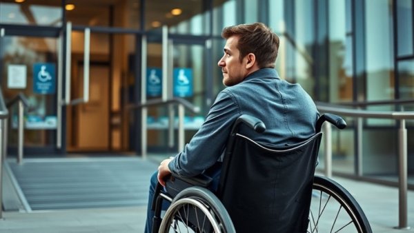 Man in wheelchair at ramp entrance, Eagle Scout Projects.