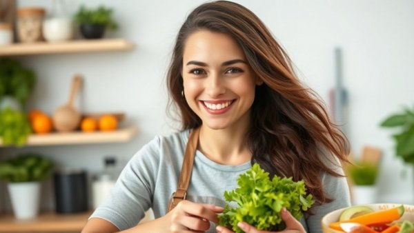 Smiling young woman prepares healthy salad in bright kitchen.