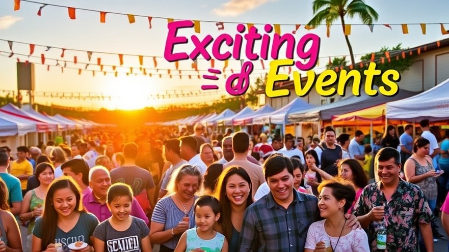 Pearlridge events: vibrant festival scene with smiling families and colorful sunset.