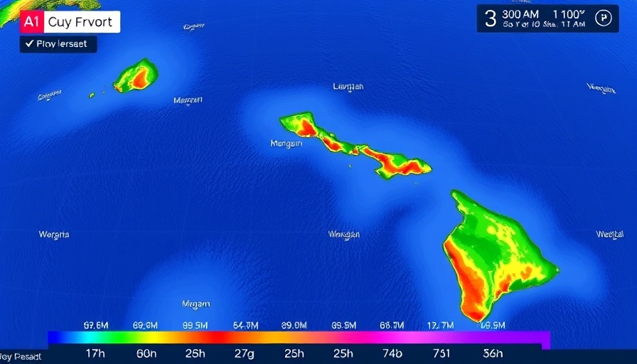 Pearl City Weekend Weather forecast map displaying rainfall predictions for Hawaiian islands.