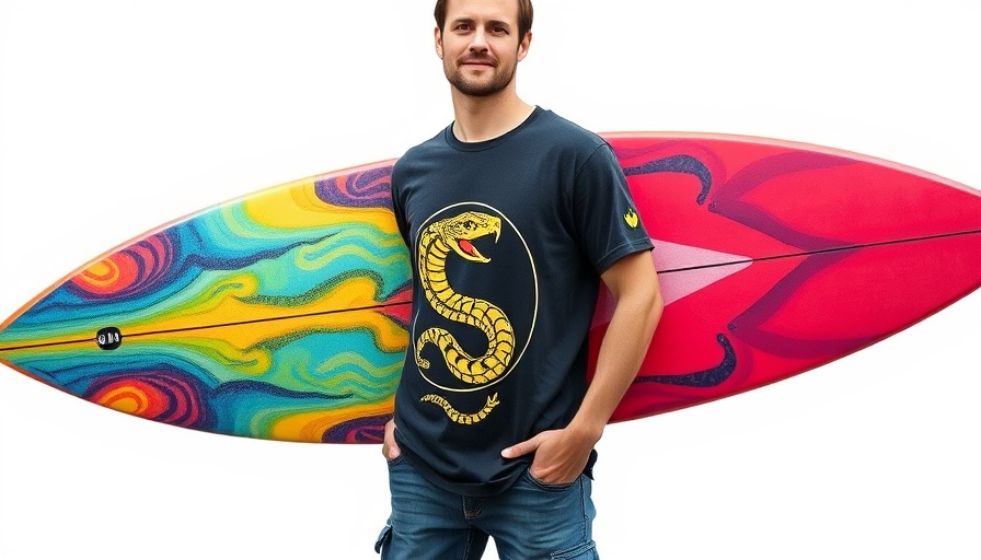 T&C Surf Designs promotional T-shirt with colorful surfboard.