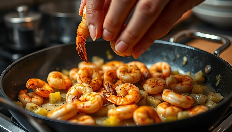 Close-up of North Shore-Style Garlic Shrimp being added to a pan.
