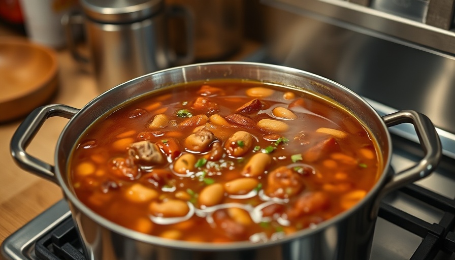 Steaming pot of Portuguese Bean Soup simmering.