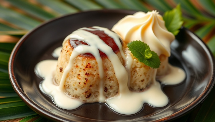 Over style Kūlolo dessert elegantly presented with cream on a dark plate.