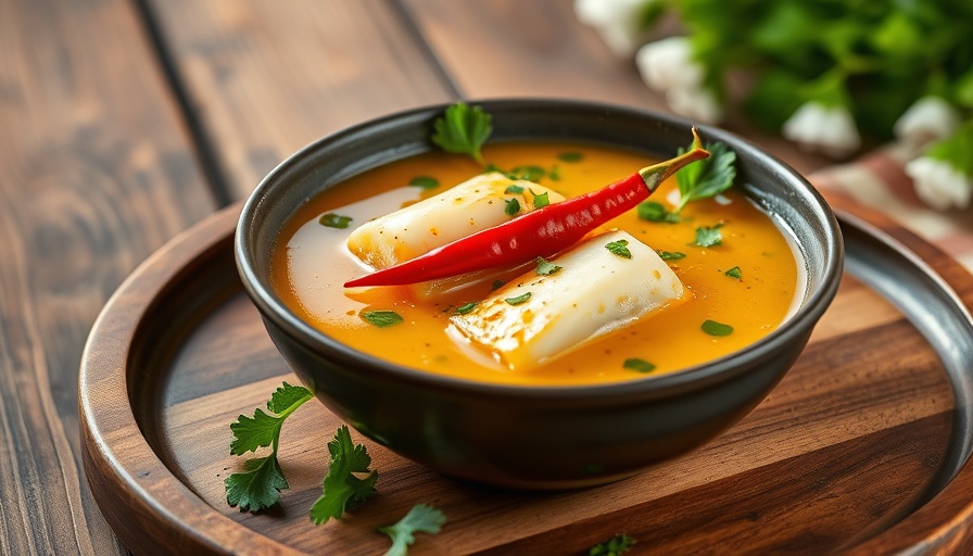 Butterfish and watercress soup served with red chili garnish.