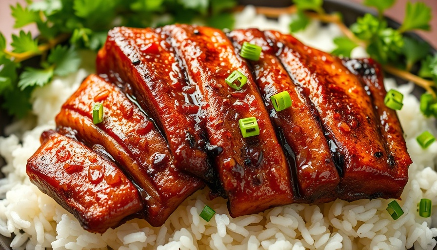 Teriyaki Smoke Meat artfully plated with rice and greens.