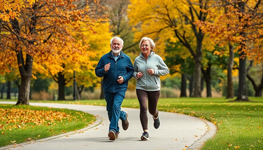Active older couple jogging in autumn park, showcasing how mindset affects aging.