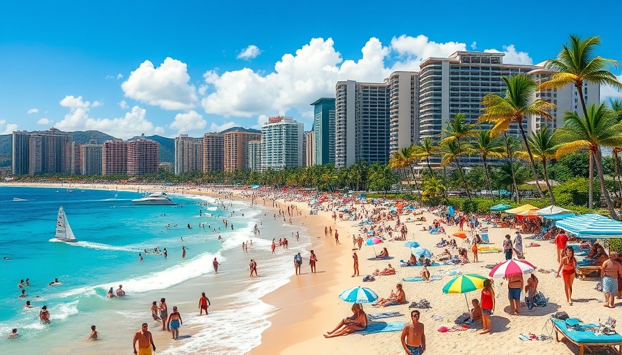 Tourists enjoying Waikiki Beach, related to Hawaiʻi Green Fee environmental initiative.