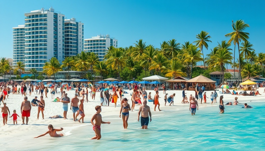 Crowded Hawaiian beach with community engagement, vibrant scene.