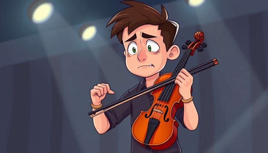 Nervous violinist experiencing performance anxiety on stage.