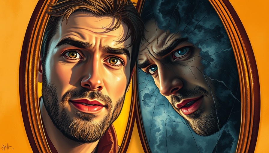 Man facing dual reflection symbolizing narcissistic relationships growth.