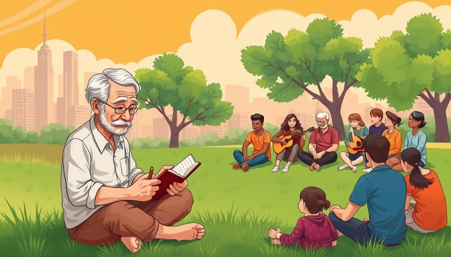 Illustration of a man writing, surrounded by people enjoying music.